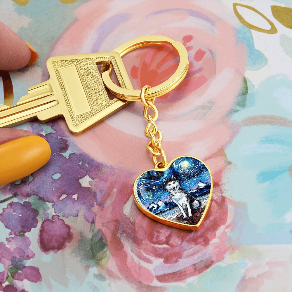 Husky Starry Night Heart Keychain