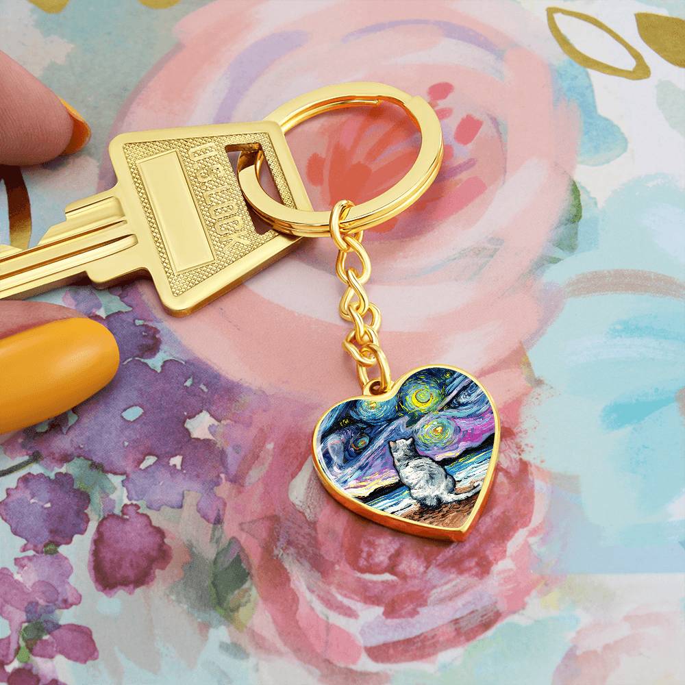 White Cat Night 2 Starry Night Heart Keychain