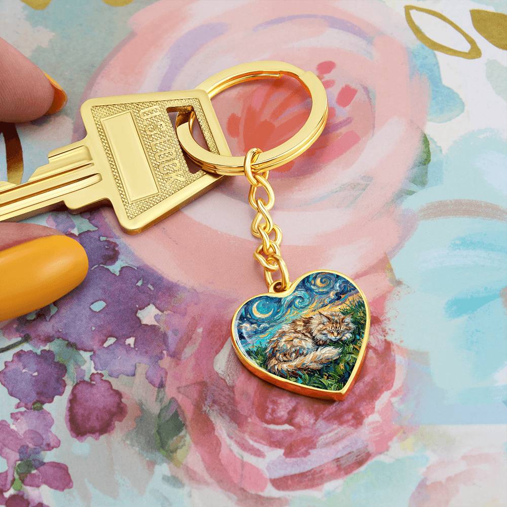 Sleepy Maine Coon Night Heart Keychain