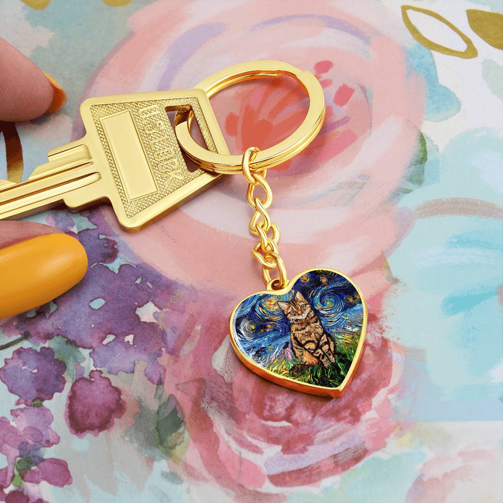 Brown Tabby Starry Night Heart Keychain