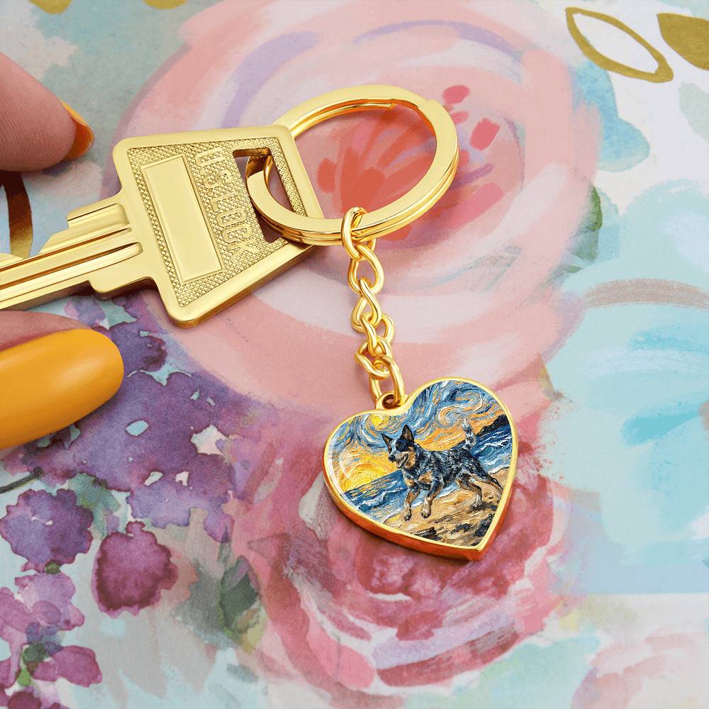 Frolicking Blue Heeler at the Beach Heart Keychain