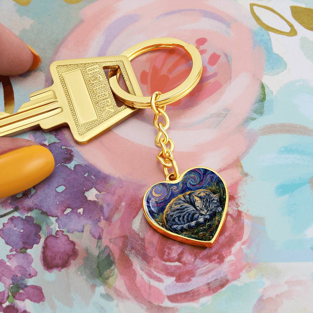 Sleepy American Shorthair Tabby Heart Keychain