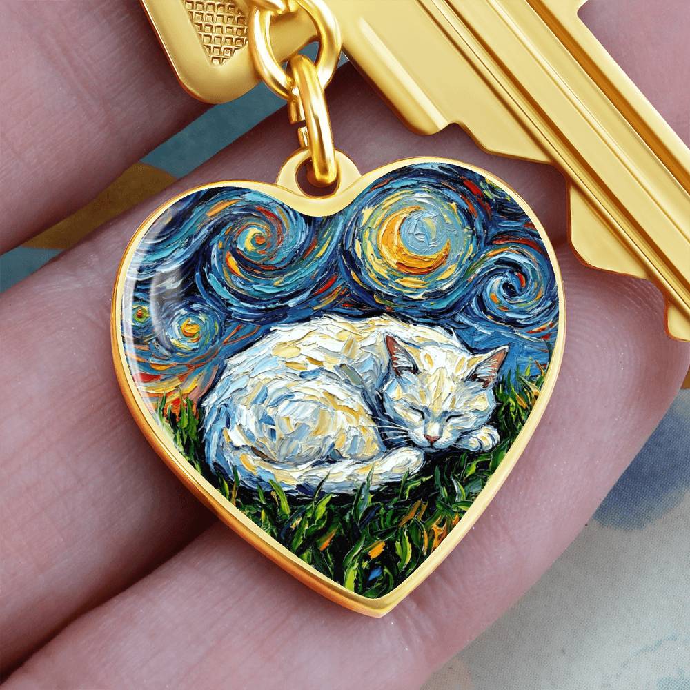 Sleepy White Cat Night Heart Keychain