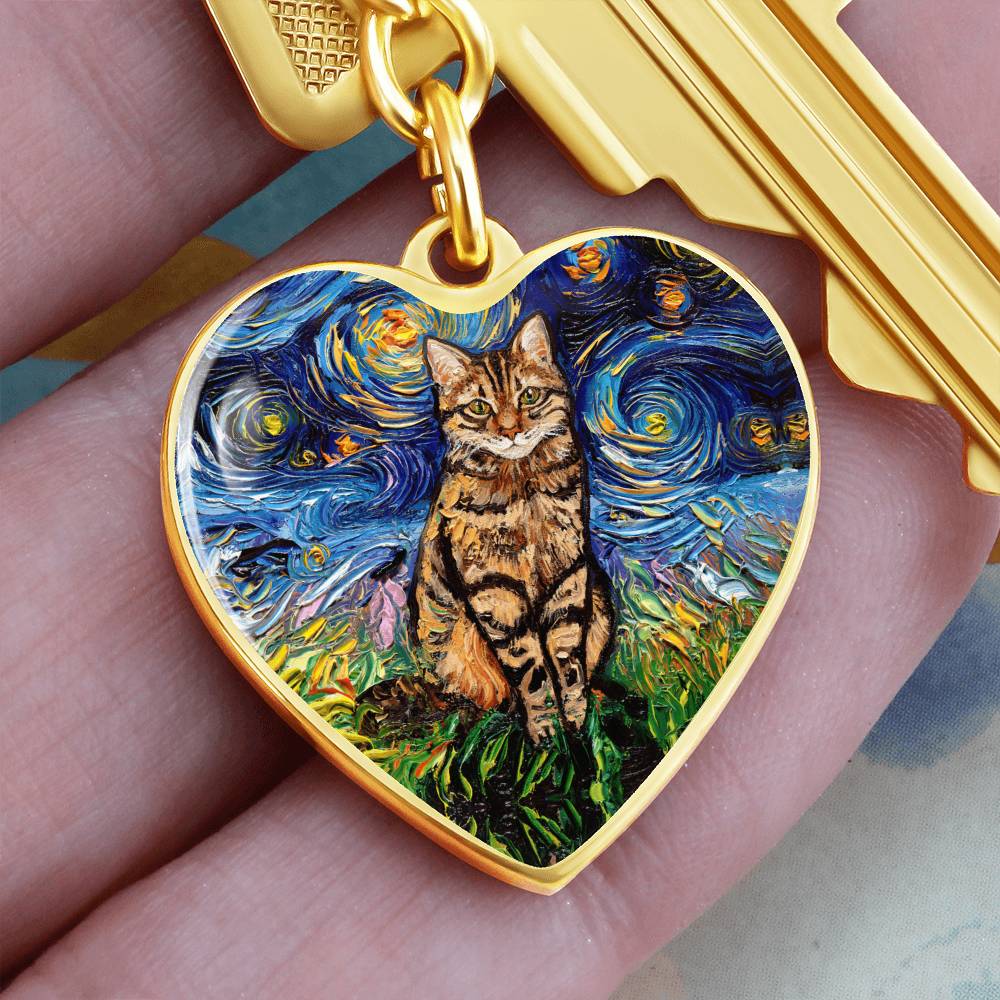 Brown Tabby Starry Night Heart Keychain