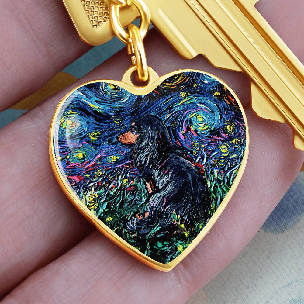 Long Hair Black and Tan Dachshund Starry Night Heart Keychain