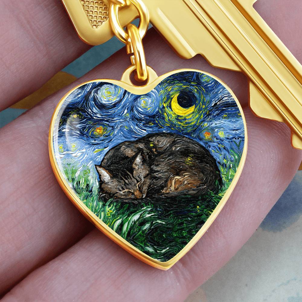 Sleeping Brown Tabby Starry Night Heart Keychain