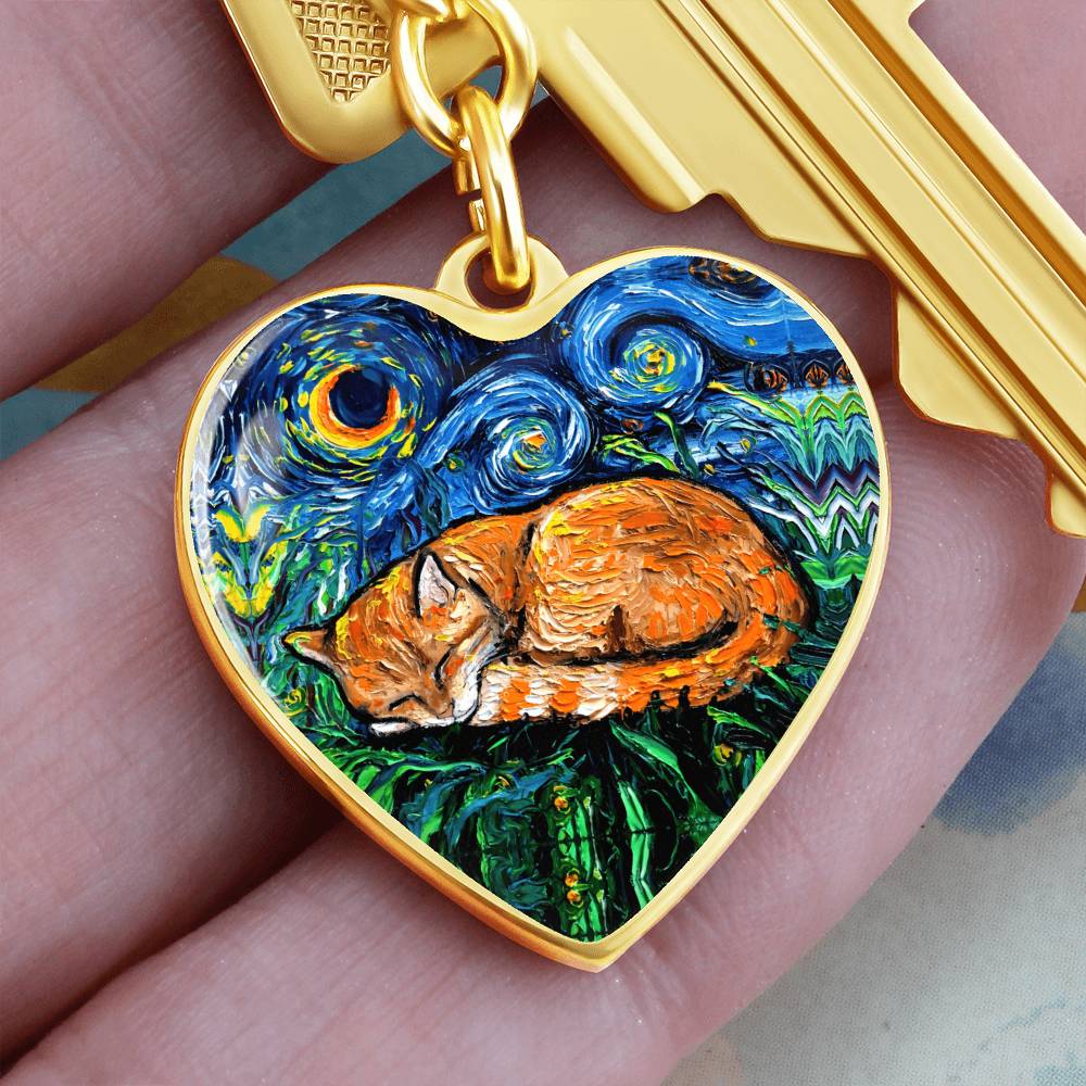 Sleeping Orange Tabby Cat Starry Night Heart Keychain