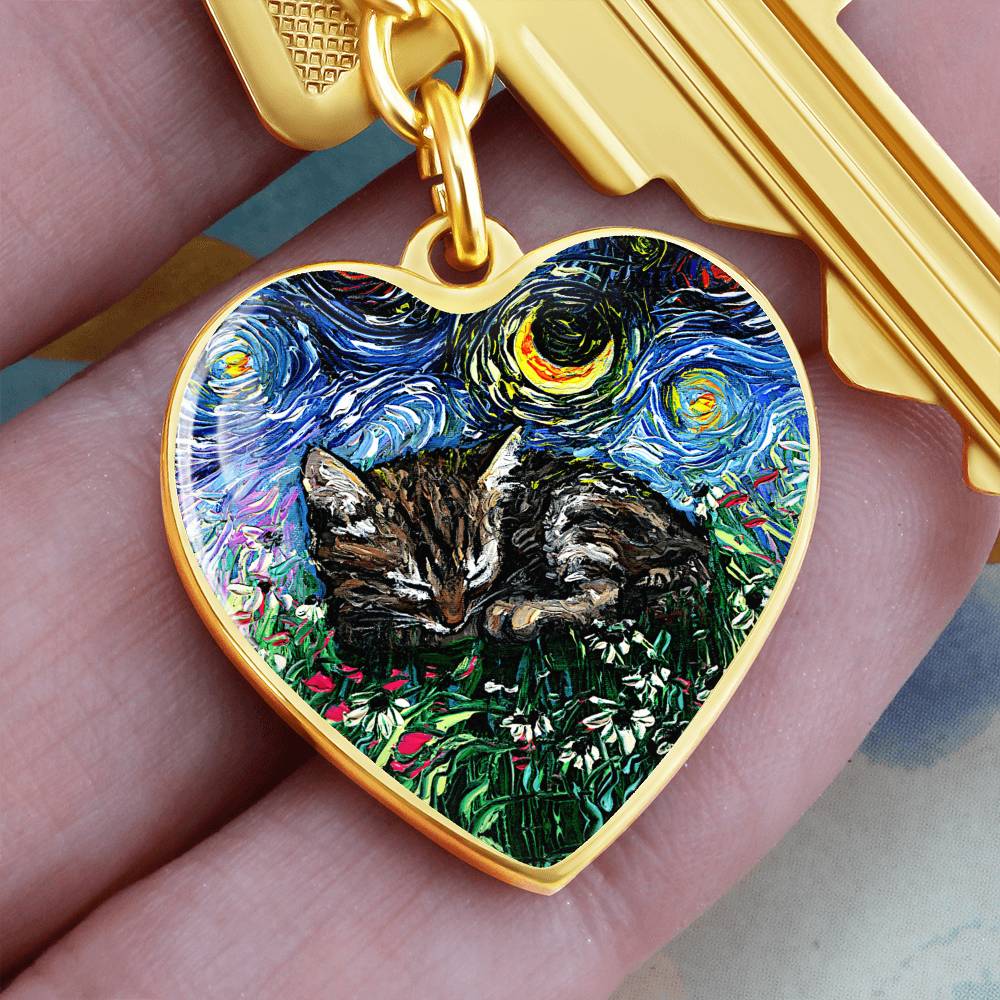 Tabby Kitten Starry Night Heart Keychain