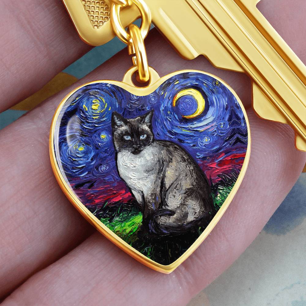 Siamese Cat Starry Night Heart Keychain
