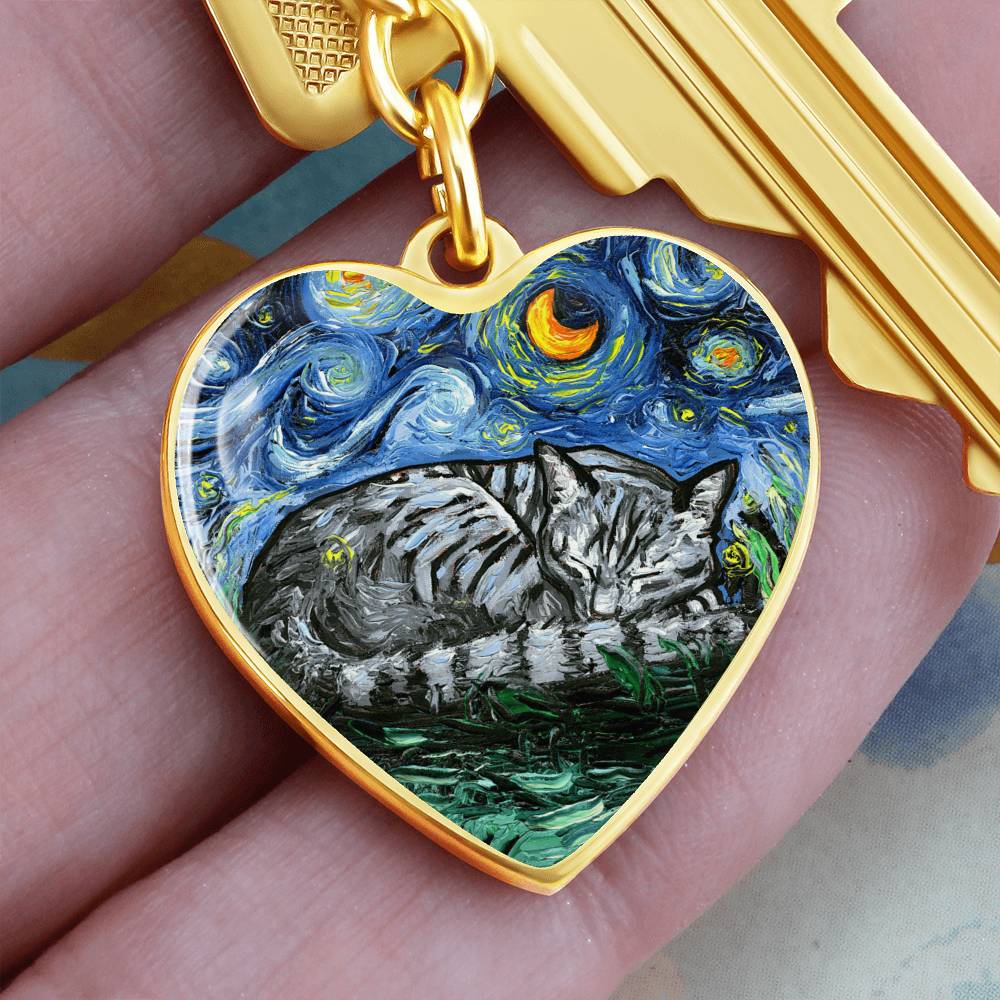 Sleeping Gray Tabby Starry Night Heart Keychain