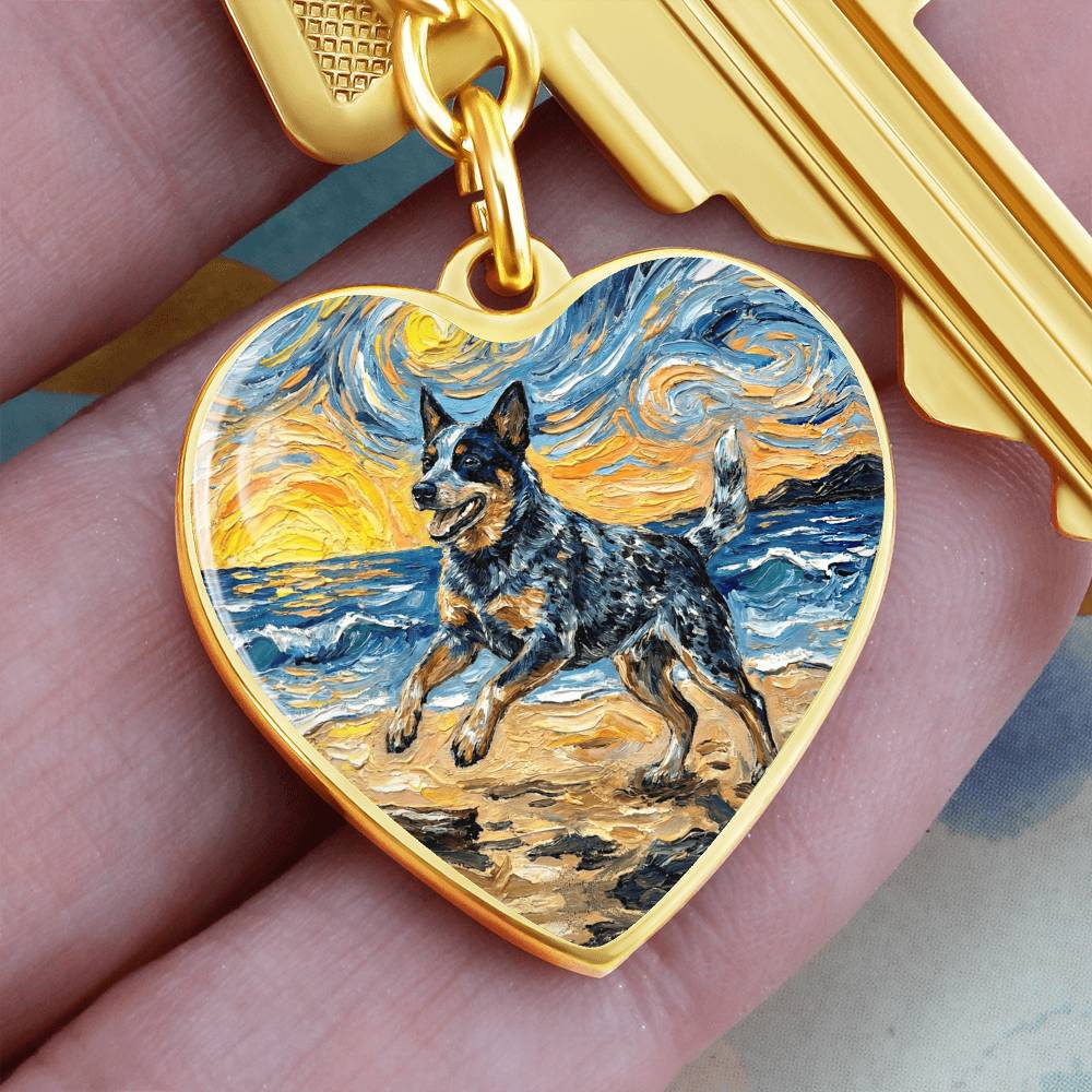 Frolicking Blue Heeler at the Beach Heart Keychain