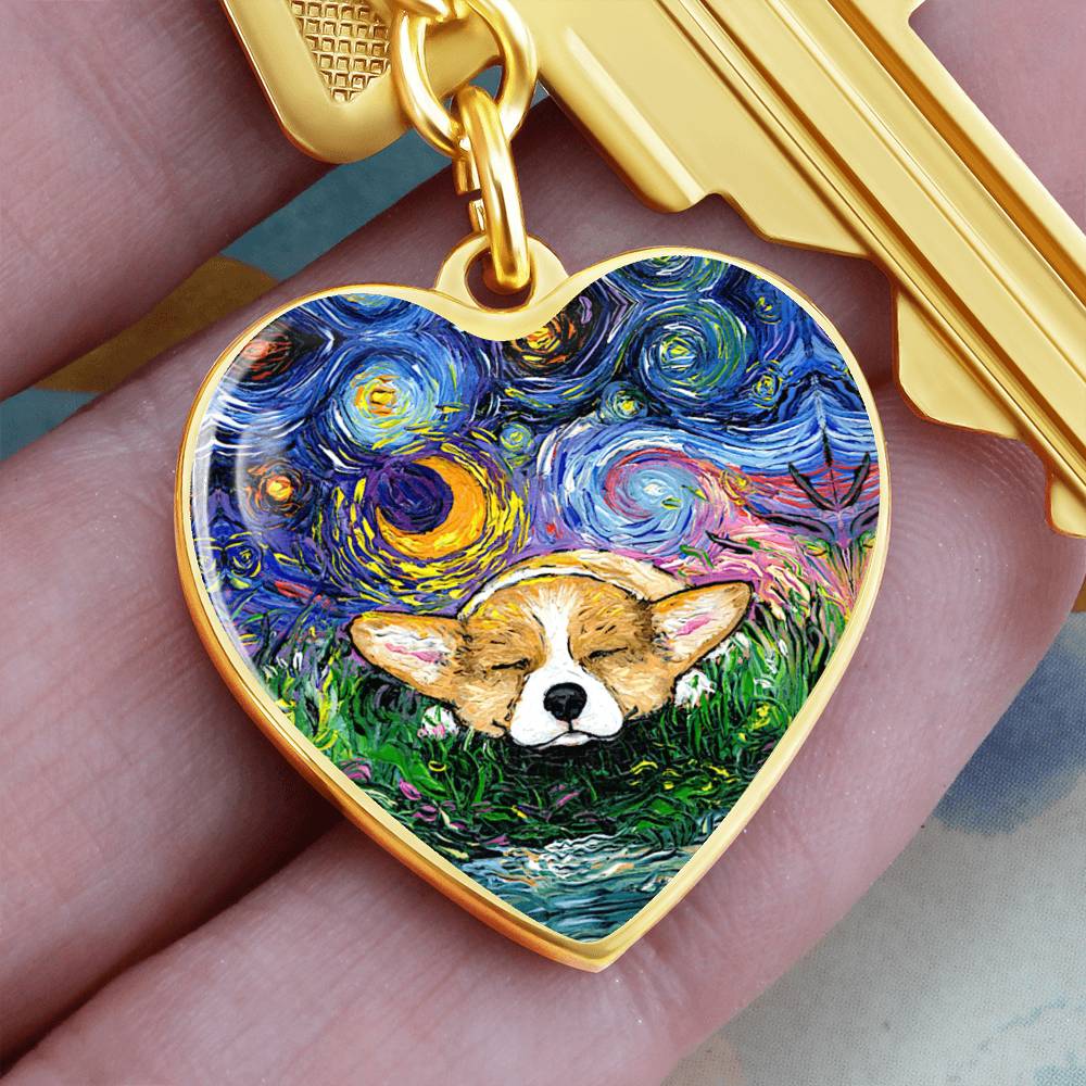 Sleeping Corgi Starry Night Heart Keychain