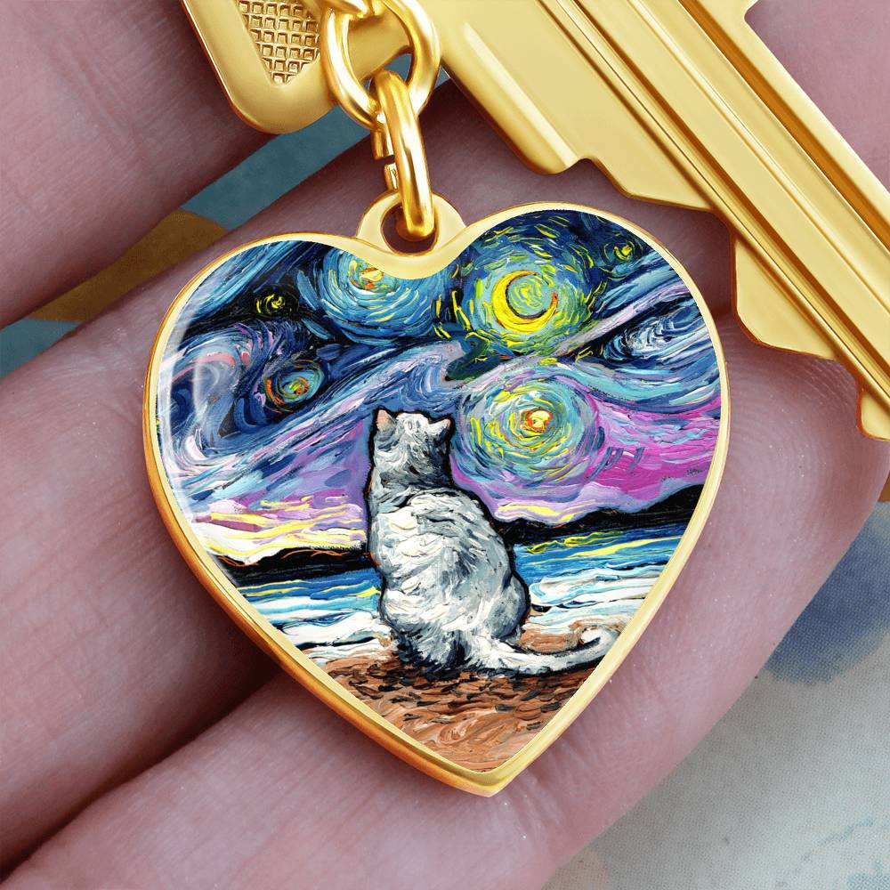 White Cat Night 2 Starry Night Heart Keychain