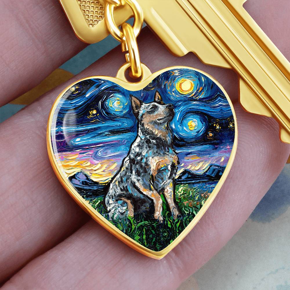Blue Heeler Starry Night Heart Keychain