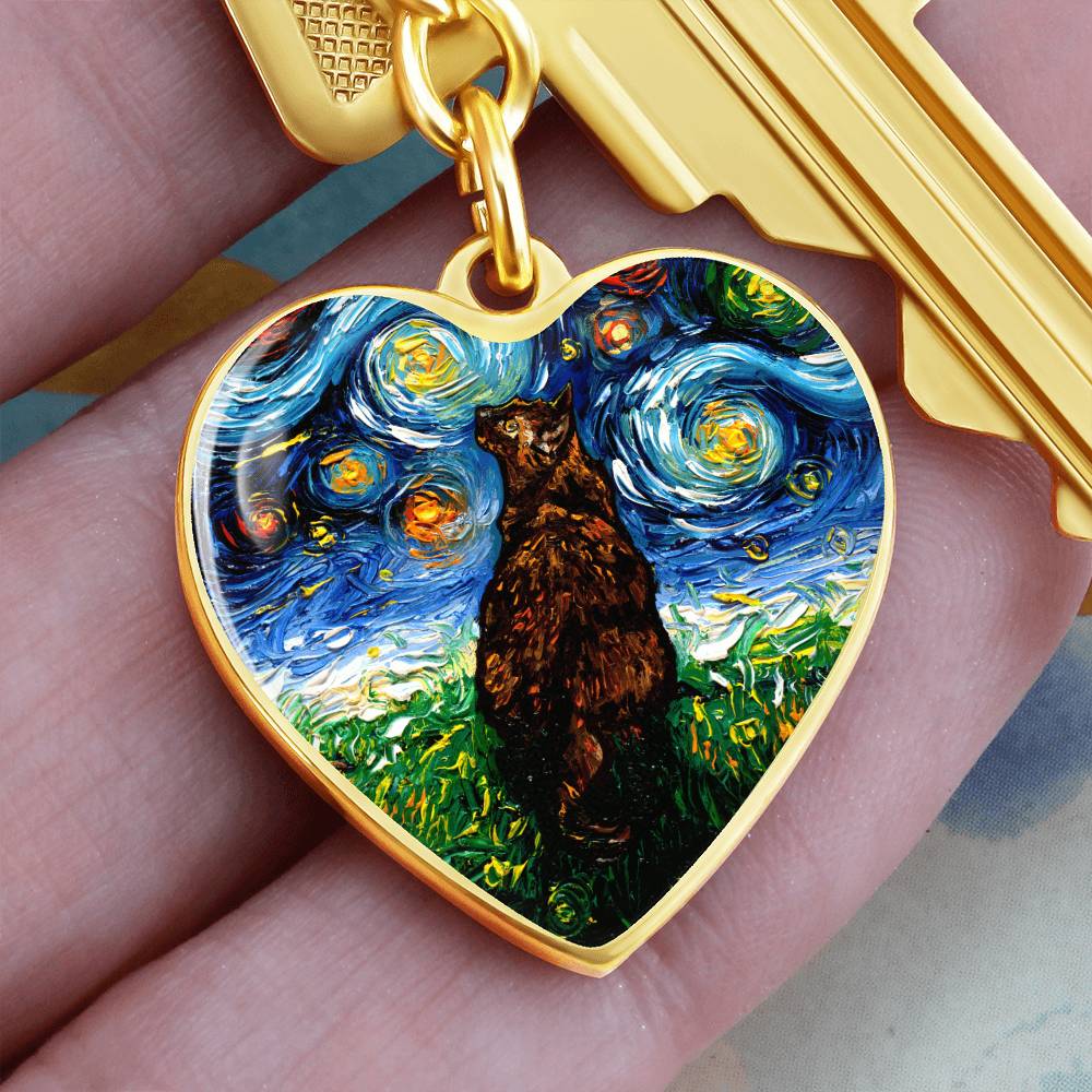 Tortoiseshell Cat Starry Night Heart Keychain