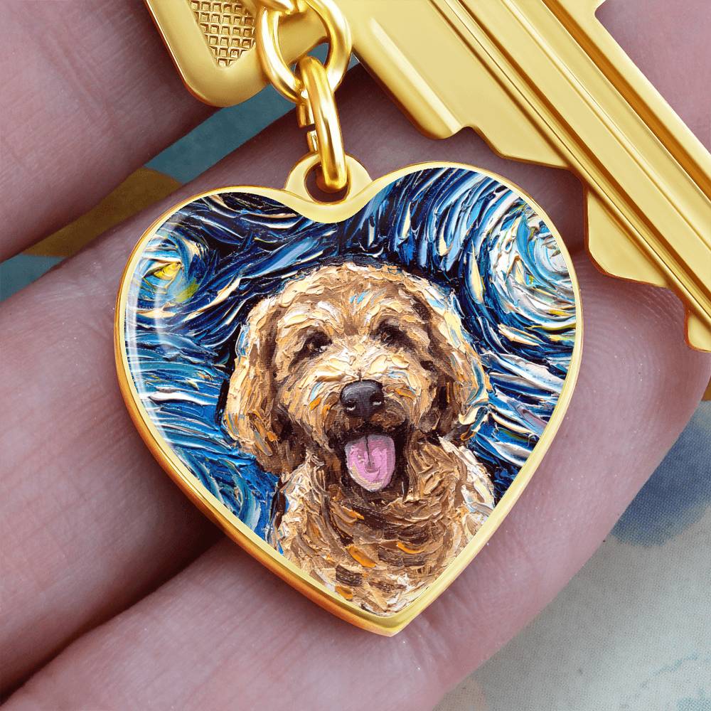 Goldendoodle Portrait Starry Night Heart Keychain