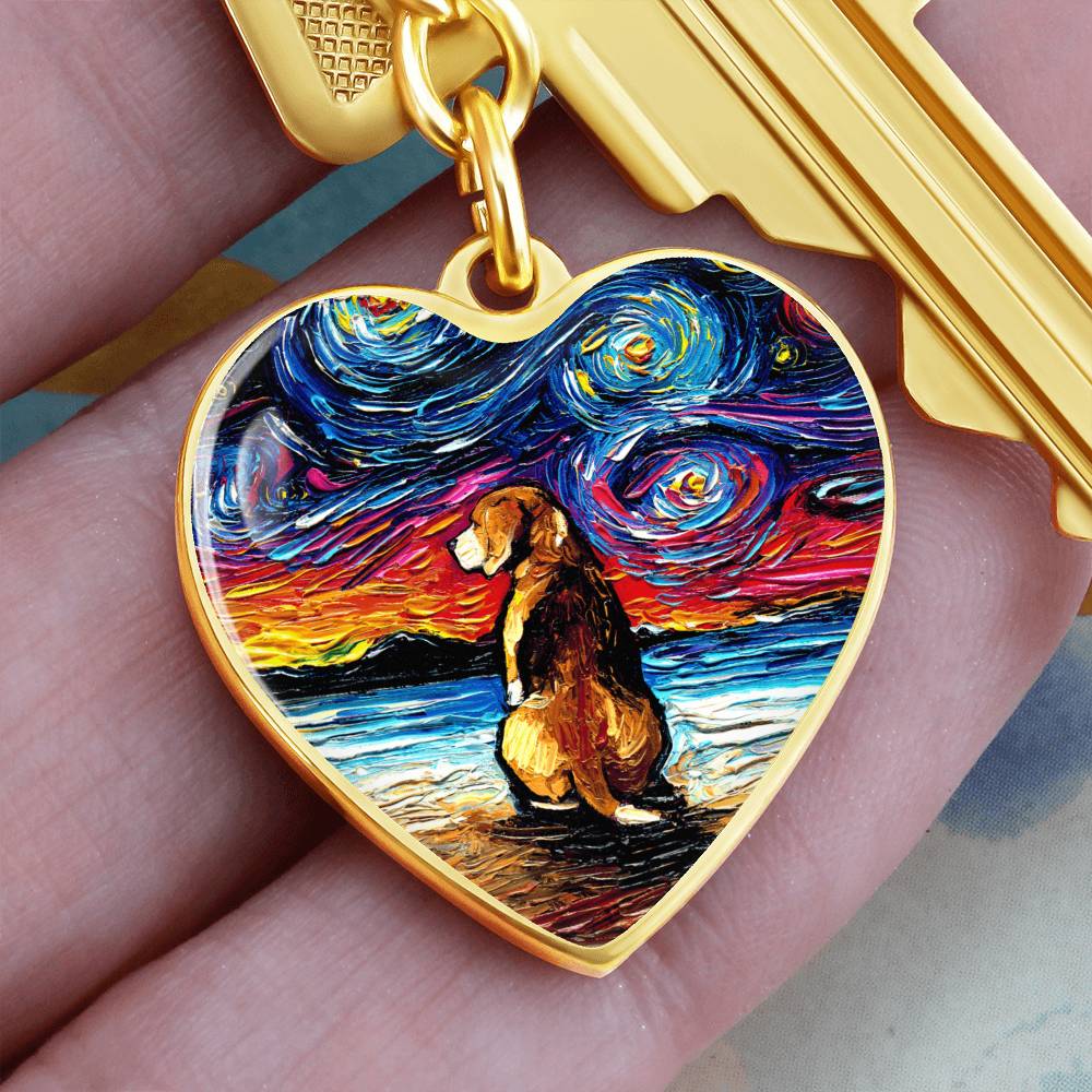 Beagle Beach Starry Night Heart Keychain