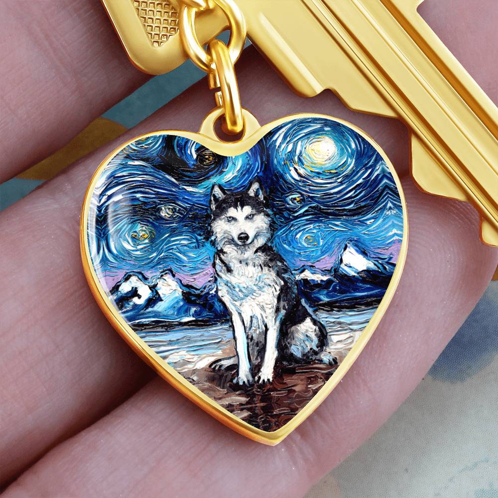 Husky Starry Night Heart Keychain