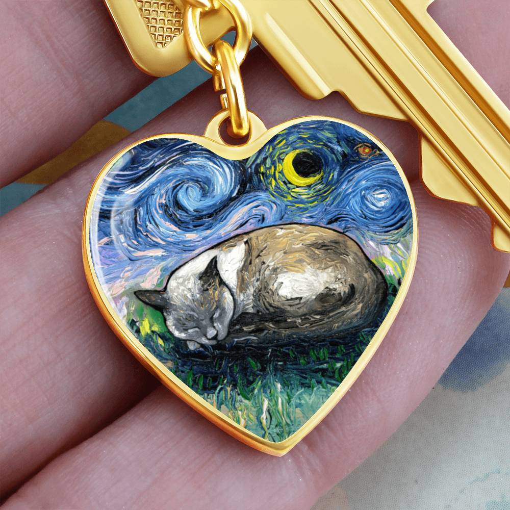 Sleeping Siamese Cat Starry Night Heart Keychain