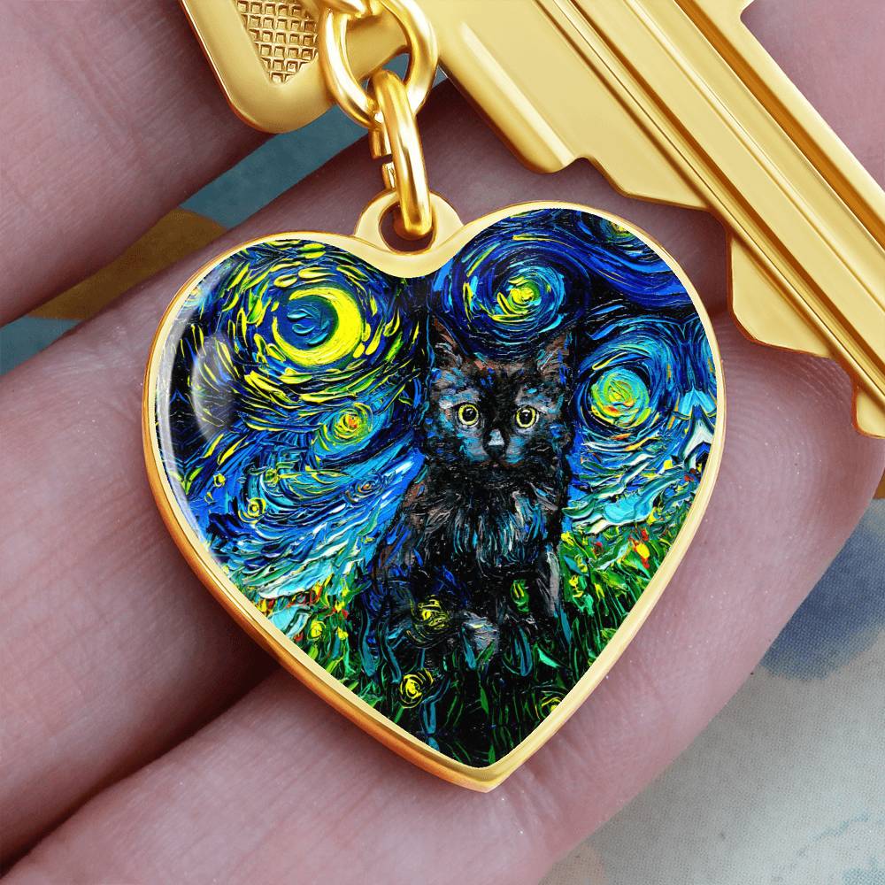 Black Cat Starry Night Heart Keychain