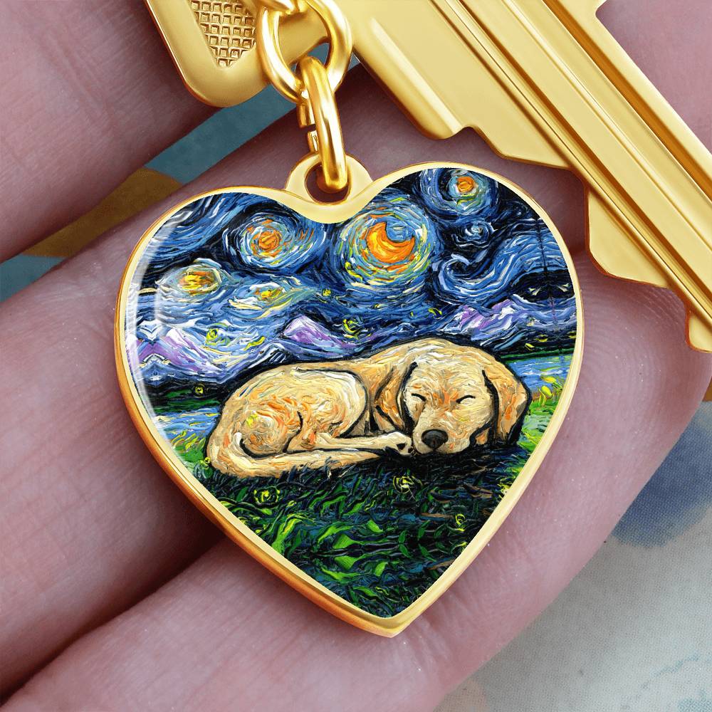 Sleeping Yellow Labrador Starry Night Heart Keychain