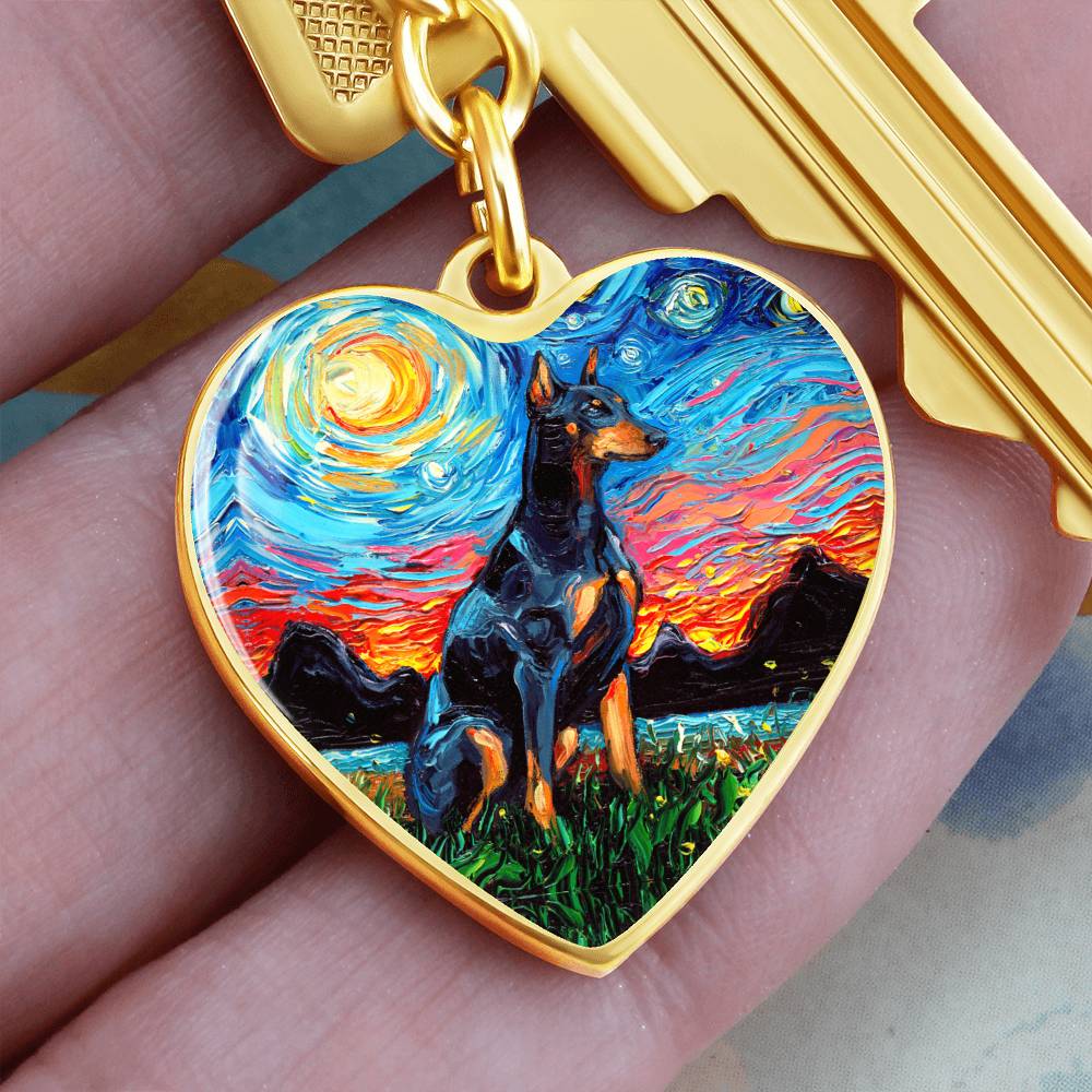 Doberman Pinscher Starry Night Heart Keychain