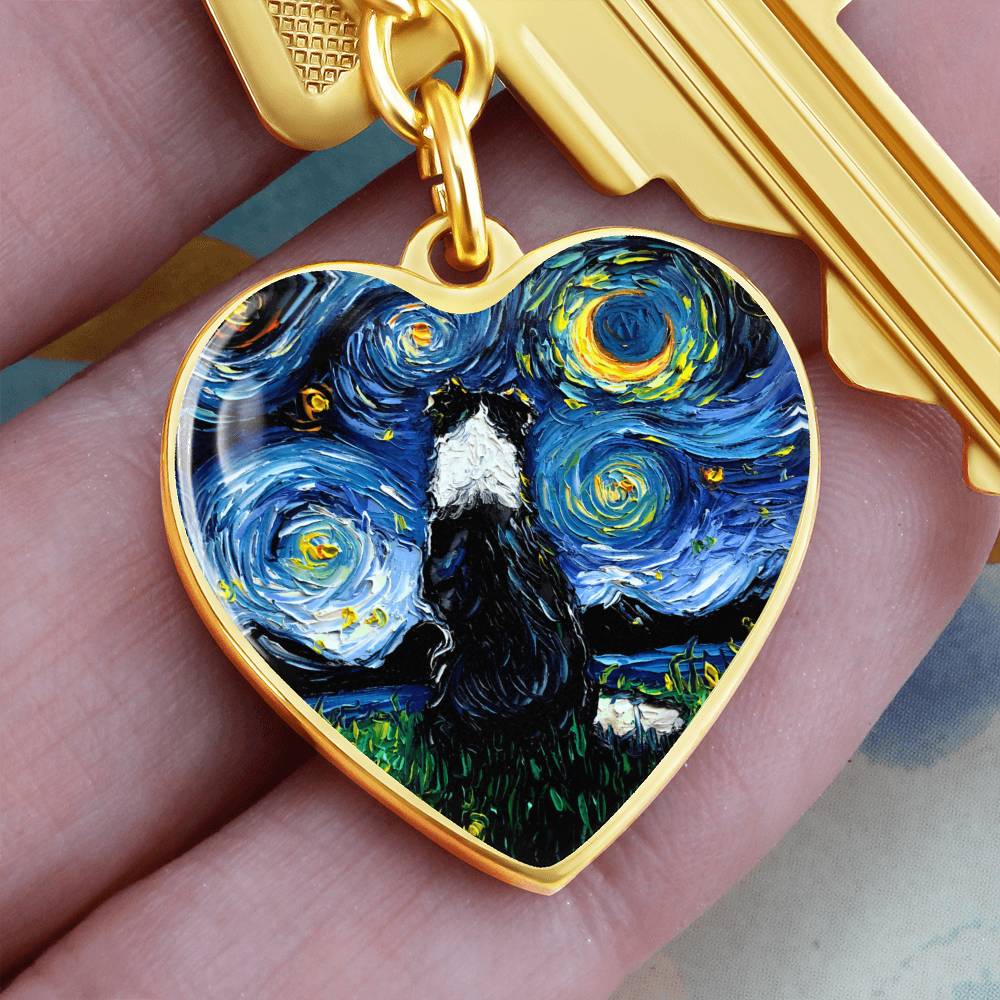 Border Collie Back Starry Night Heart Keychain