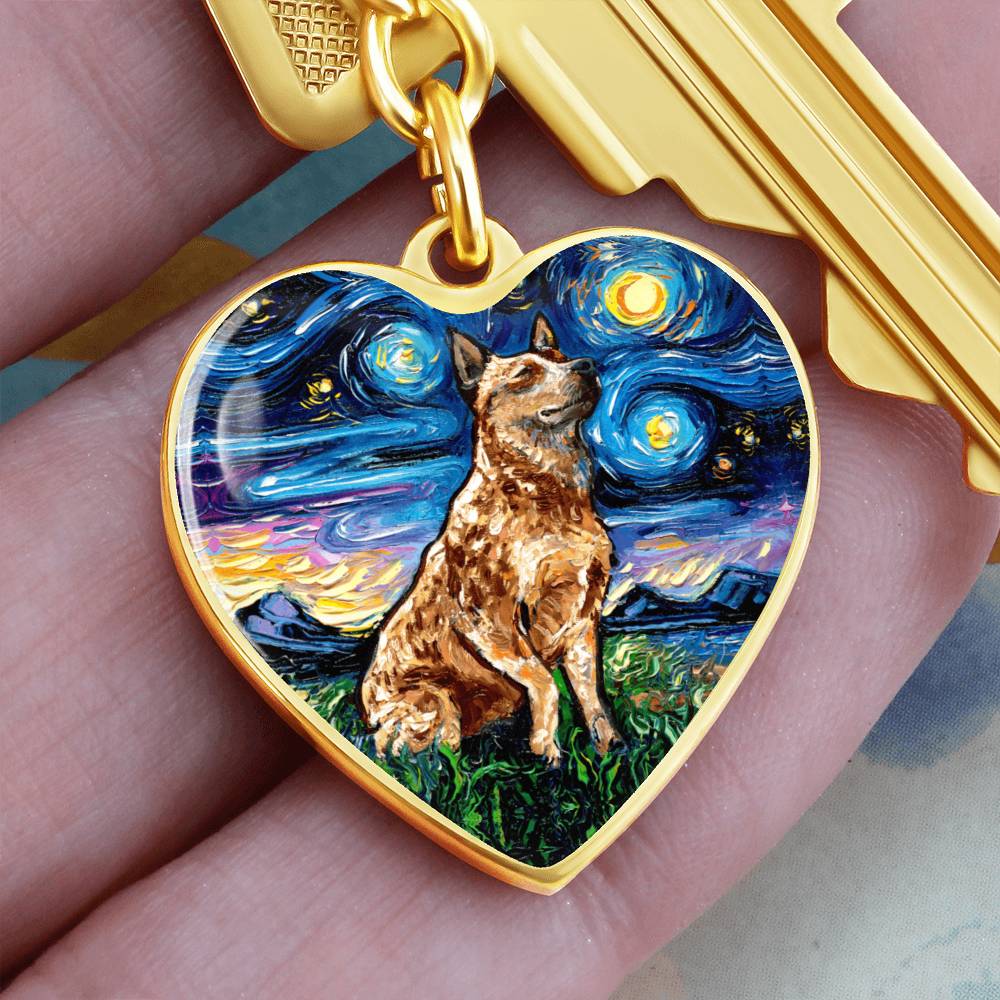 Red Heeler Starry Night Heart Keychain