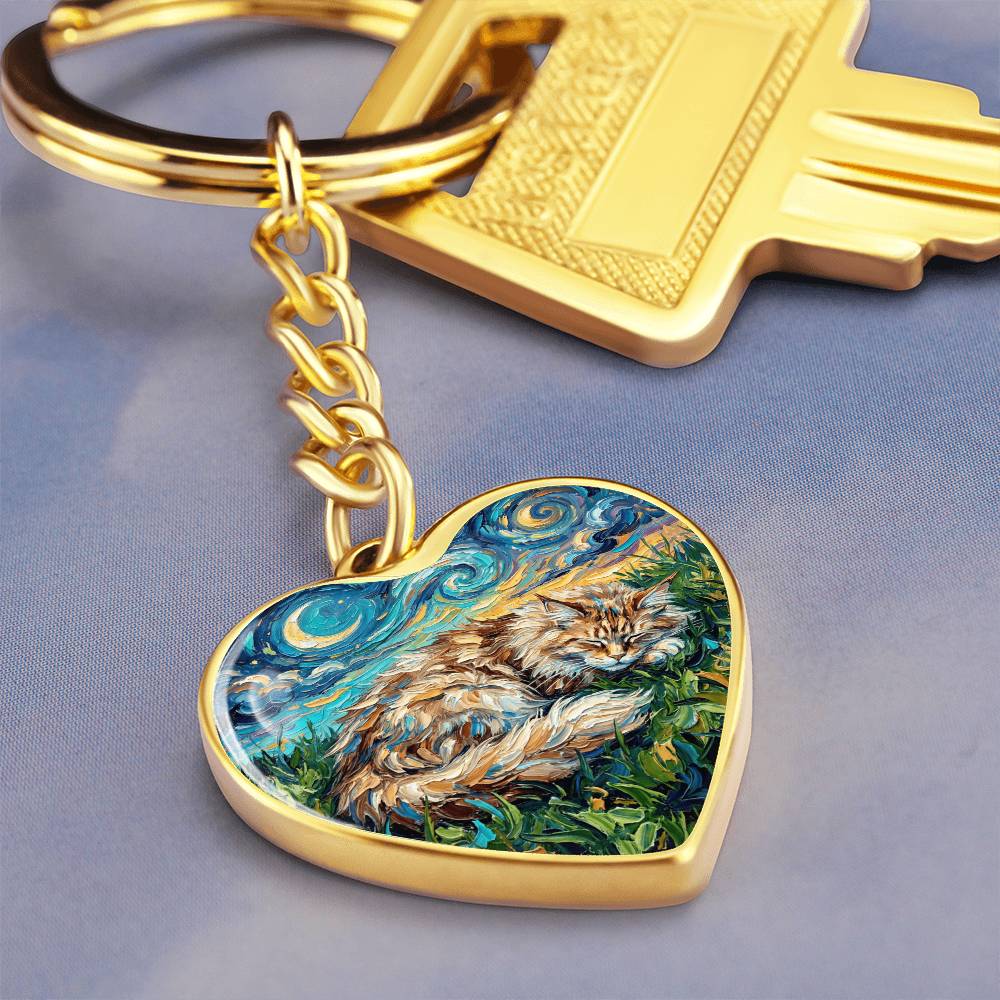 Sleepy Maine Coon Night Heart Keychain