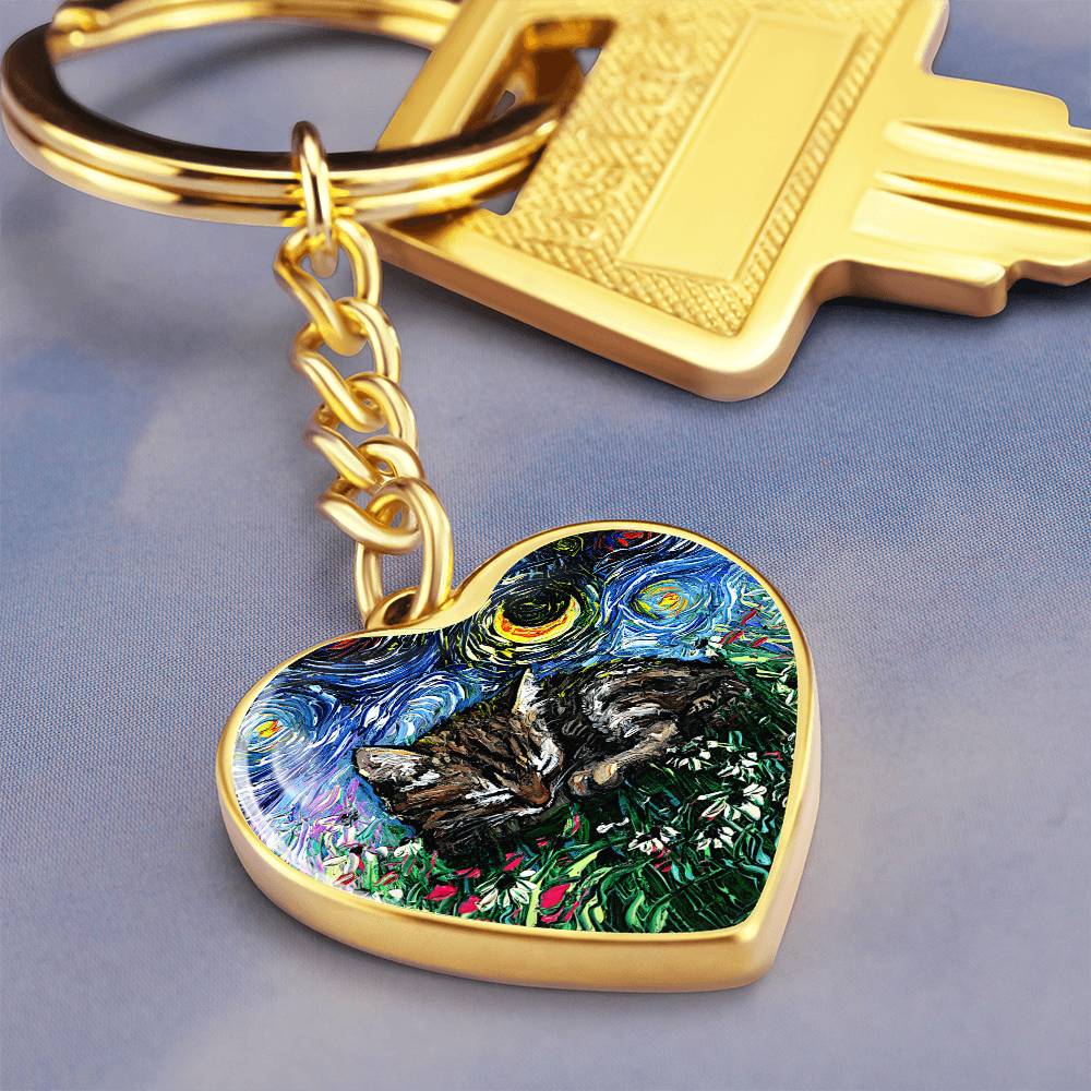 Tabby Kitten Starry Night Heart Keychain