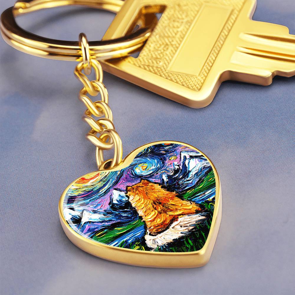 Pomeranian Back Starry Night Heart Keychain