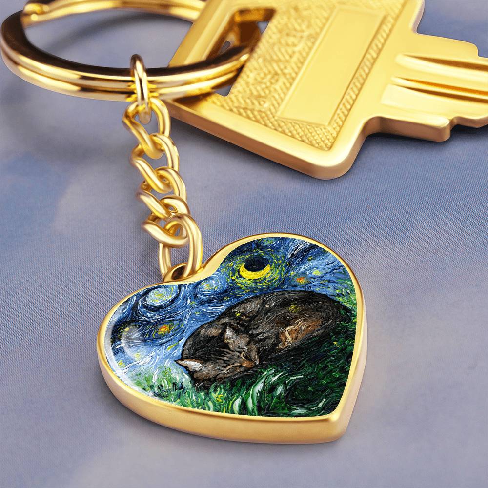 Sleeping Brown Tabby Starry Night Heart Keychain
