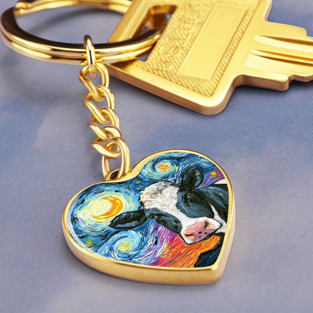 Holstein Cow Starry Night Heart Keychain