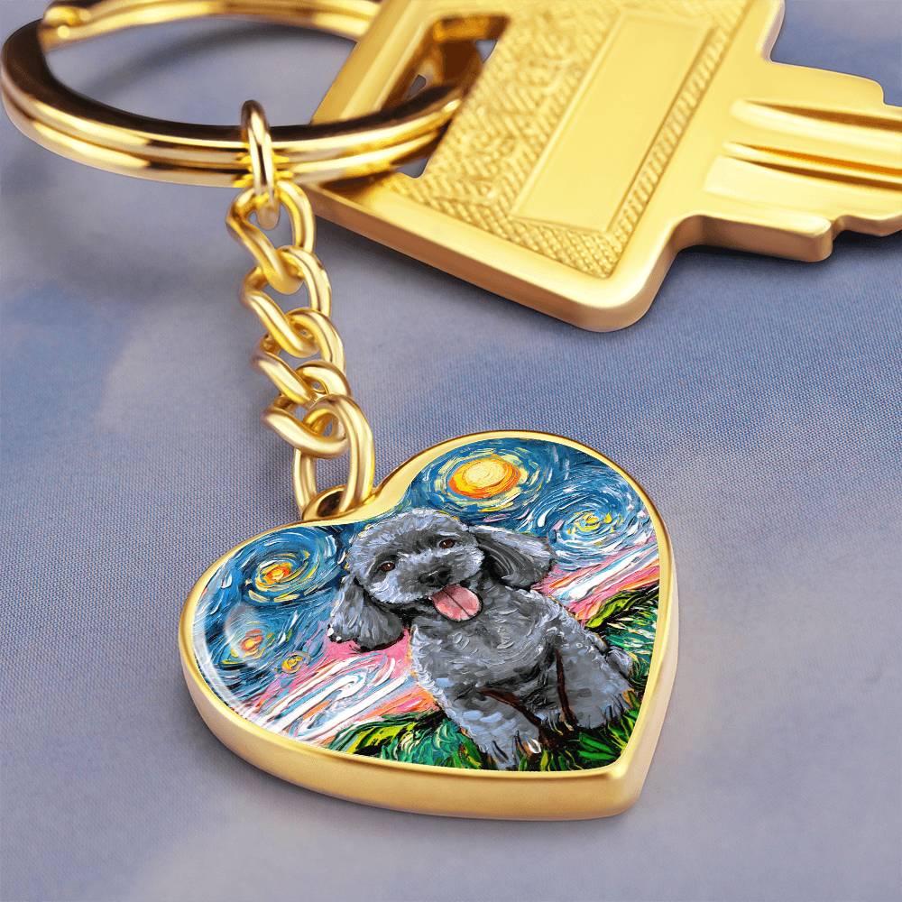 Silver Poodle Starry Night Heart Keychain