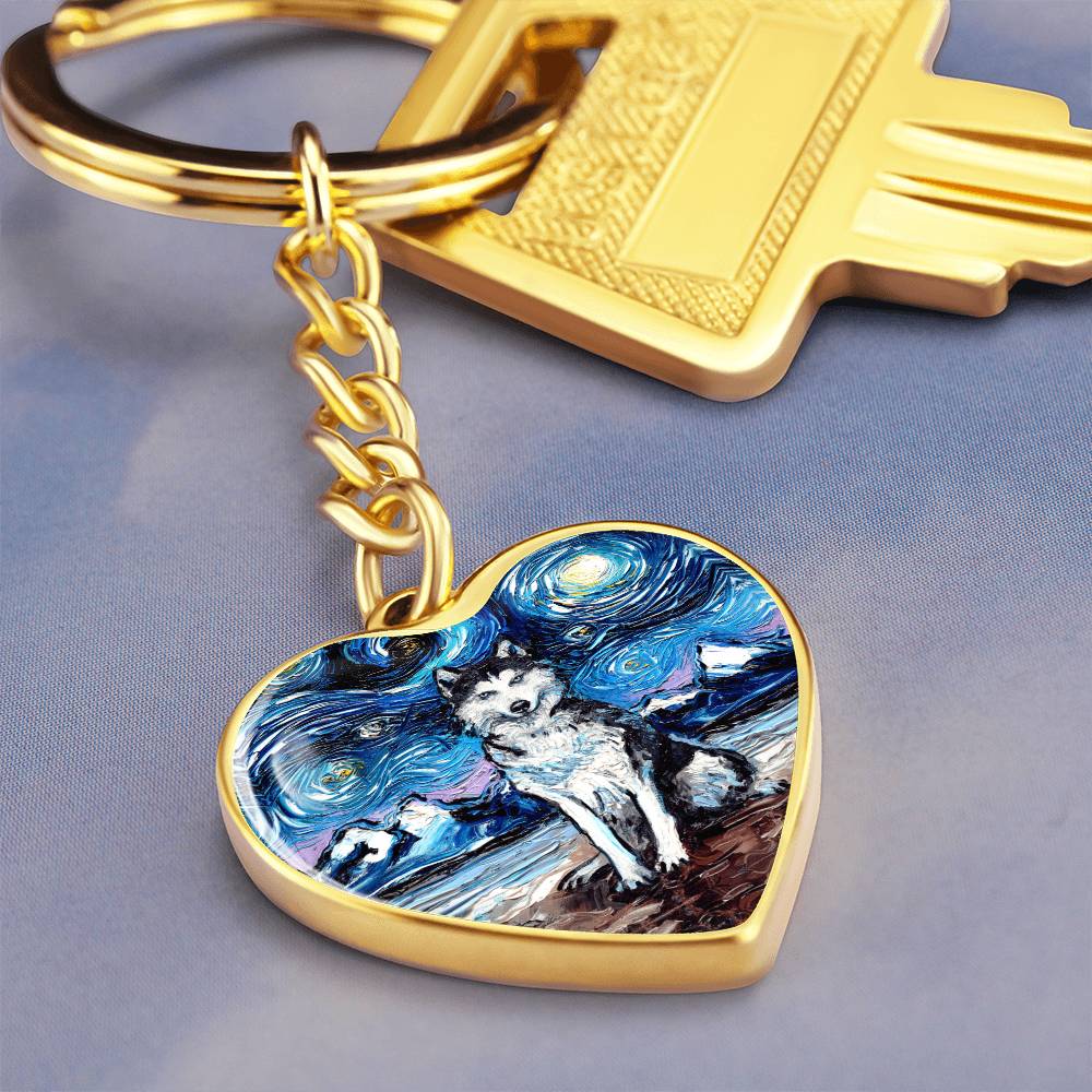 Husky Starry Night Heart Keychain