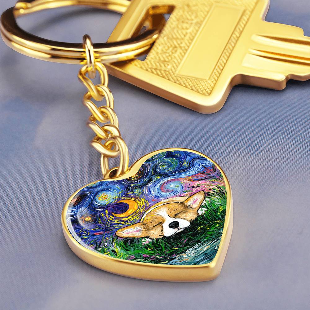 Sleeping Corgi Starry Night Heart Keychain