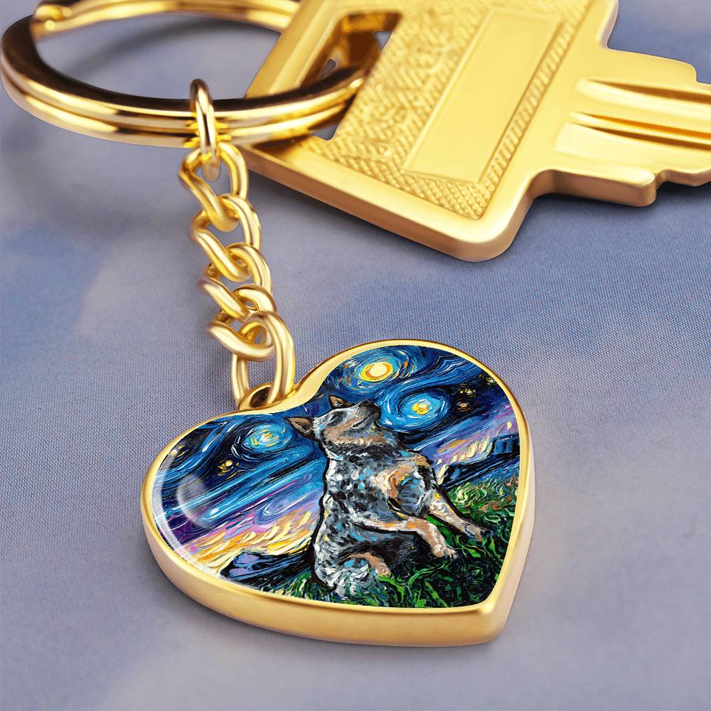 Blue Heeler Starry Night Heart Keychain