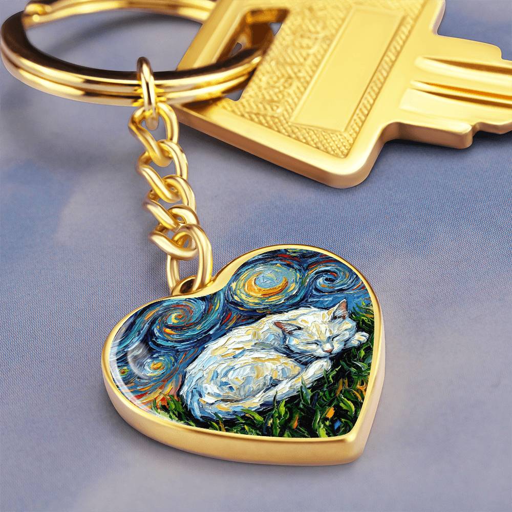 Sleepy White Cat Night Heart Keychain