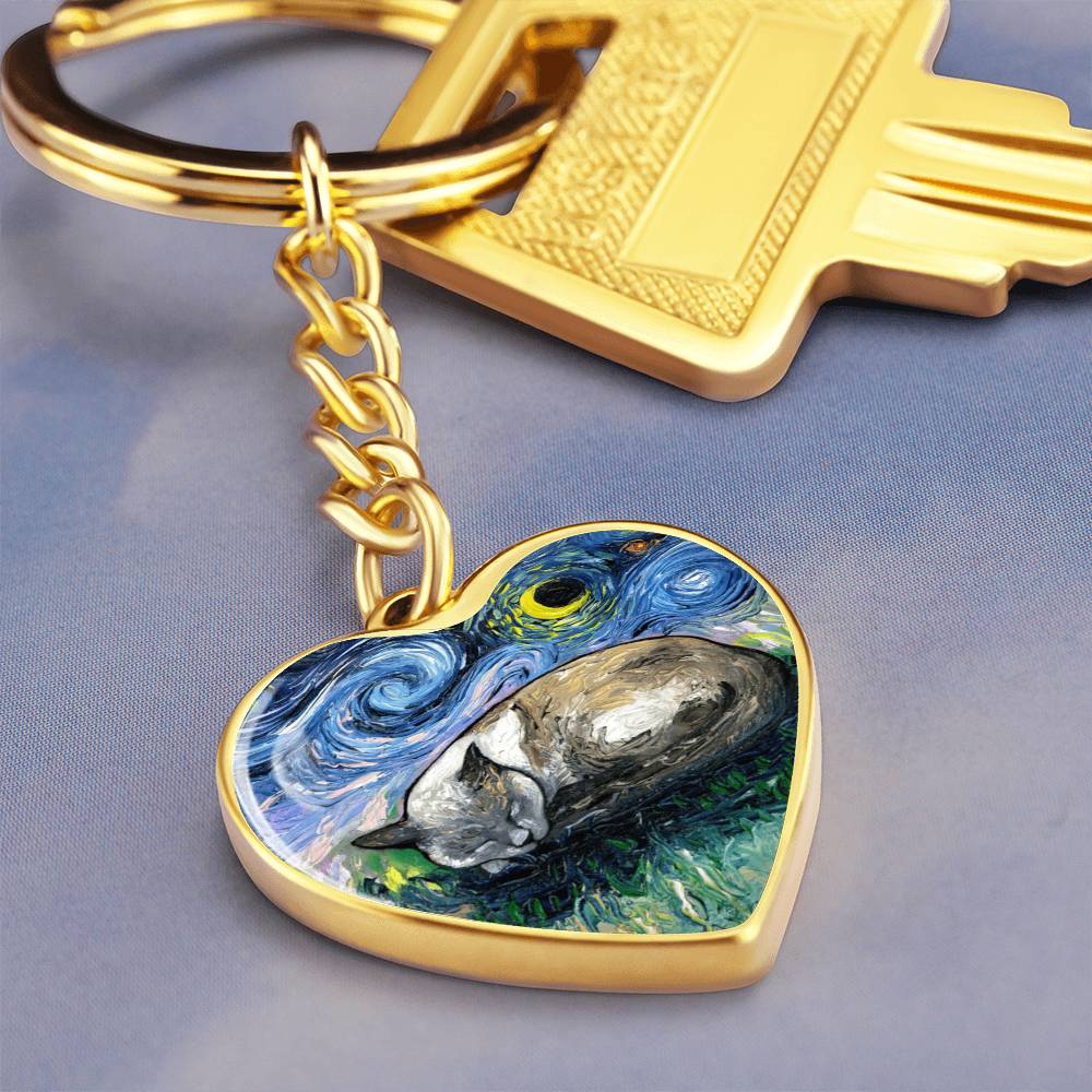Sleeping Siamese Cat Starry Night Heart Keychain