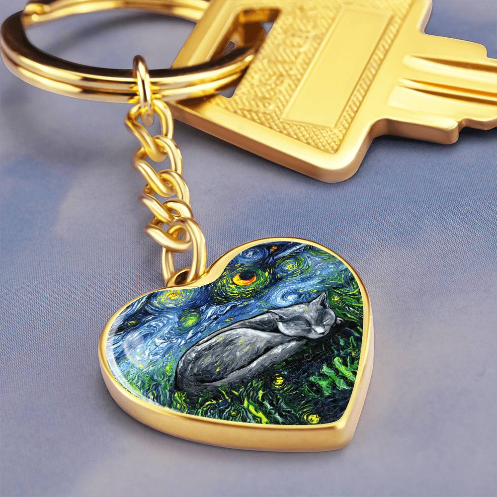 Russian Blue Cat Starry Night Heart Keychain