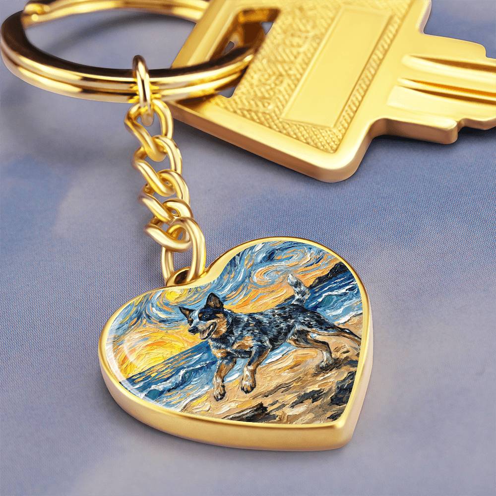 Frolicking Blue Heeler at the Beach Heart Keychain