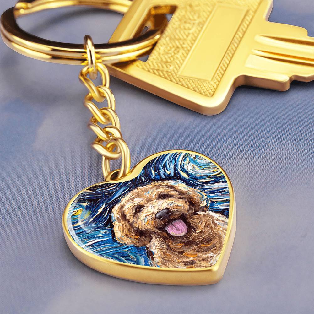 Goldendoodle Portrait Starry Night Heart Keychain