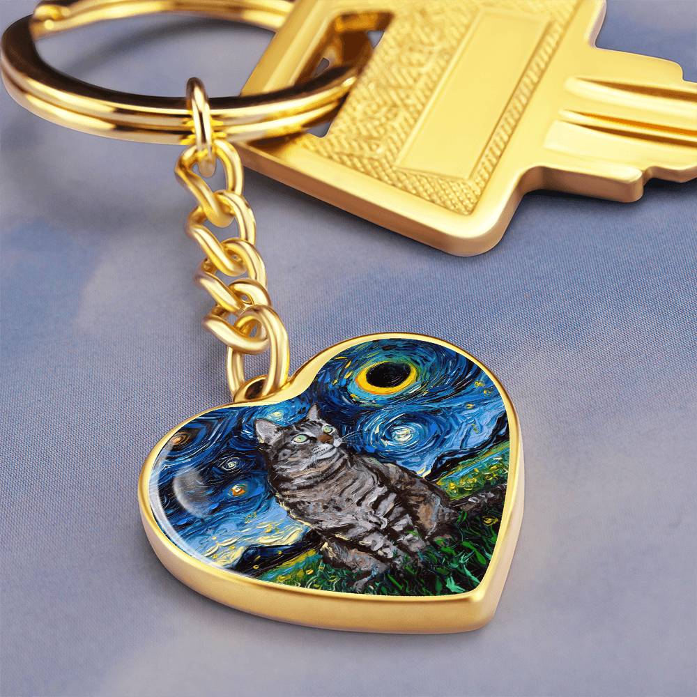 Tabby Cat Starry Night Heart Keychain