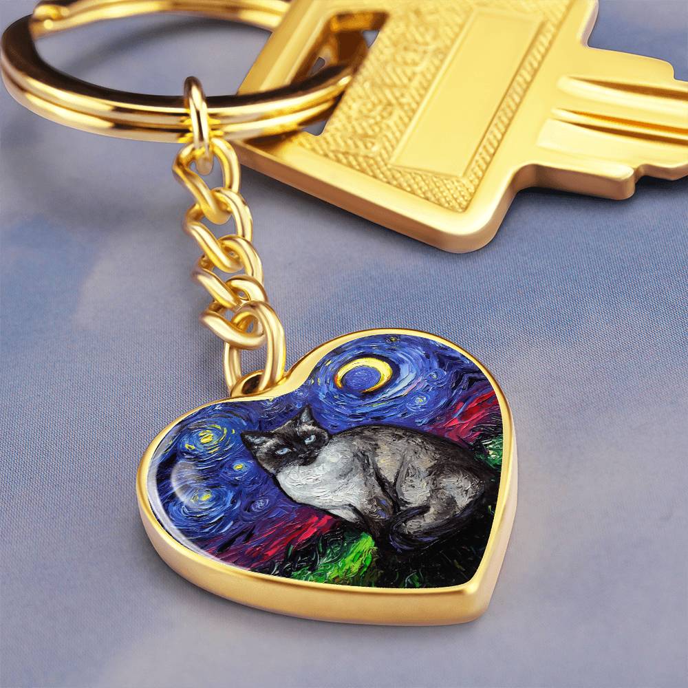 Siamese Cat Starry Night Heart Keychain