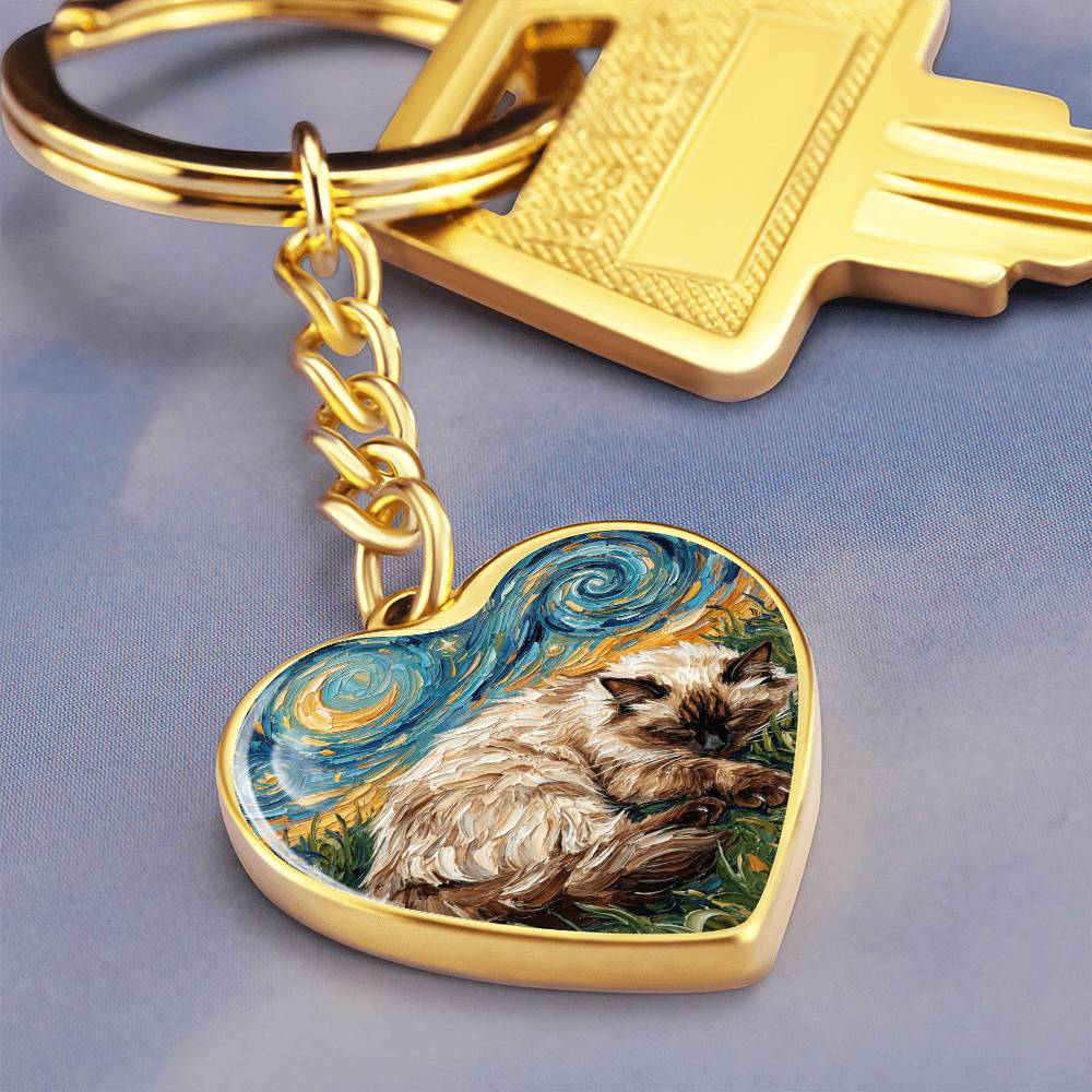 Sleepy Birman Night Heart Keychain