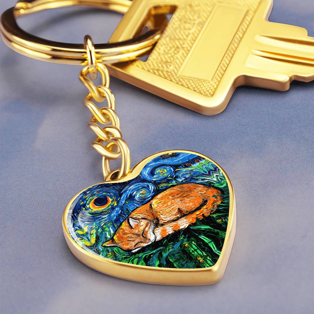 Sleeping Orange Tabby Cat Starry Night Heart Keychain