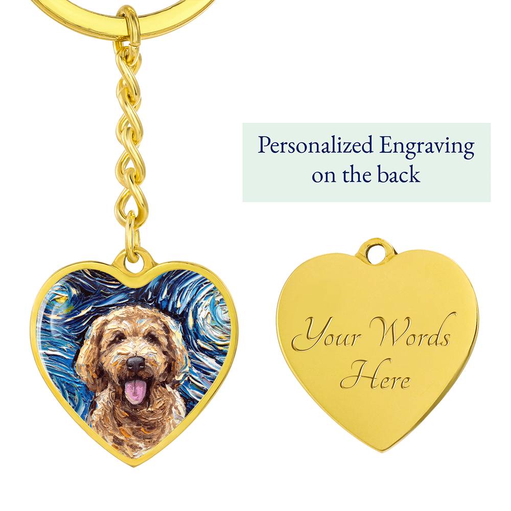Goldendoodle Portrait Starry Night Heart Keychain