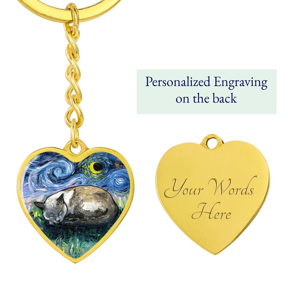 Sleeping Siamese Cat Starry Night Heart Keychain