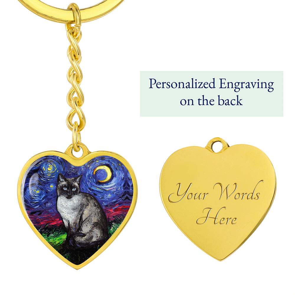 Siamese Cat Starry Night Heart Keychain