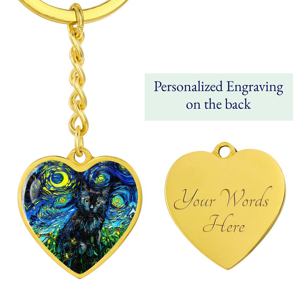 Black Cat Starry Night Heart Keychain